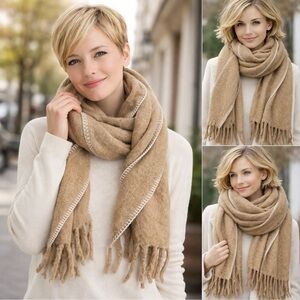 J. CREW Blanket-Stitch Scarf Wool Blend Camel Warm and Comfortable